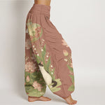 Buddha Stones Pure Cotton Lotus Cat Pattern Women's Elastic Waist Harem Pants