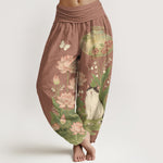 Buddha Stones Pure Cotton Lotus Cat Pattern Women's Elastic Waist Harem Pants