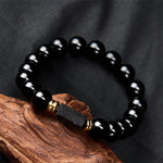 Buddha Stones Black Obsidian Black Tourmaline Protection Minimalist Round Bead Bracelet