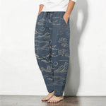 Buddha Stones Pure Cotton Cloud Mountain Wave Pattern Drawstring Men's Tapered Pants With Pockets