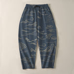 Buddha Stones Pure Cotton Cloud Mountain Wave Pattern Drawstring Men's Tapered Pants With Pockets