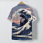 Buddha Stones Great Wave Black Cat Pattern Buttons Breathable Men's Short Sleeve Shirt