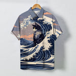 Buddha Stones Great Wave Black Cat Pattern Buttons Breathable Men's Short Sleeve Shirt