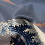 Buddha Stones Great Wave Black Cat Pattern Buttons Breathable Men's Short Sleeve Shirt