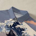 Buddha Stones Great Wave Black Cat Pattern Buttons Breathable Men's Short Sleeve Shirt