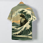 Buddha Stones Great Wave Black Cat Pattern Buttons Breathable Men's Short Sleeve Shirt