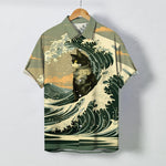 Buddha Stones Great Wave Black Cat Pattern Buttons Breathable Men's Short Sleeve Shirt