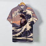 Buddha Stones Great Wave Black Cat Pattern Buttons Breathable Men's Short Sleeve Shirt