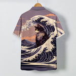 Buddha Stones Great Wave Black Cat Pattern Buttons Breathable Men's Short Sleeve Shirt