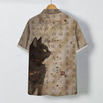 Buddha Stones Black Cat Calligraphy Seal Pattern Buttons Breathable Men's Short Sleeve Shirt