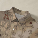 Buddha Stones Black Cat Calligraphy Seal Pattern Buttons Breathable Men's Short Sleeve Shirt
