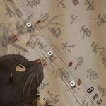 Buddha Stones Black Cat Calligraphy Seal Pattern Buttons Breathable Men's Short Sleeve Shirt