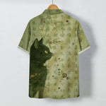 Buddha Stones Black Cat Calligraphy Seal Pattern Buttons Breathable Men's Short Sleeve Shirt