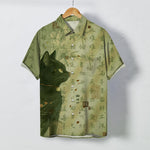 Buddha Stones Black Cat Calligraphy Seal Pattern Buttons Breathable Men's Short Sleeve Shirt