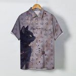 Buddha Stones Black Cat Calligraphy Seal Pattern Buttons Breathable Men's Short Sleeve Shirt