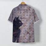 Buddha Stones Black Cat Calligraphy Seal Pattern Buttons Breathable Men's Short Sleeve Shirt