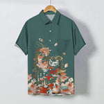Buddha Stones Lotus Koi Fish Cloud Wave Pattern Buttons Breathable Men's Short Sleeve Shirt