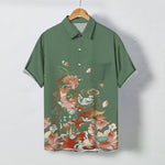 Buddha Stones Lotus Koi Fish Cloud Wave Pattern Buttons Breathable Men's Short Sleeve Shirt