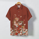 Buddha Stones Lotus Koi Fish Cloud Wave Pattern Buttons Breathable Men's Short Sleeve Shirt
