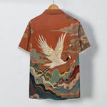 Buddha Stones Flying Crane Cloud Wave White Flower Pattern Buttons Breathable Men's Short Sleeve Shirt