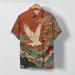 Buddha Stones Flying Crane Cloud Wave White Flower Pattern Buttons Breathable Men's Short Sleeve Shirt