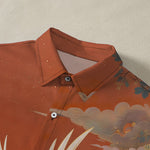 Buddha Stones Flying Crane Cloud Wave White Flower Pattern Buttons Breathable Men's Short Sleeve Shirt