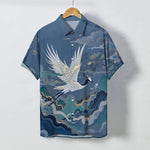 Buddha Stones Flying Crane Cloud Wave White Flower Pattern Buttons Breathable Men's Short Sleeve Shirt
