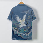 Buddha Stones Flying Crane Cloud Wave White Flower Pattern Buttons Breathable Men's Short Sleeve Shirt