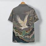 Buddha Stones Flying Crane Cloud Wave White Flower Pattern Buttons Breathable Men's Short Sleeve Shirt