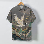 Buddha Stones Flying Crane Cloud Wave White Flower Pattern Buttons Breathable Men's Short Sleeve Shirt