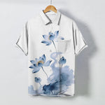Buddha Stones Blue Lotus Ink Pattern Buttons Wrinkle-resistant Men's Short Sleeve Shirt