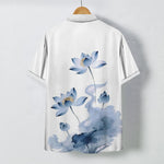 Buddha Stones Blue Lotus Ink Pattern Buttons Wrinkle-resistant Men's Short Sleeve Shirt