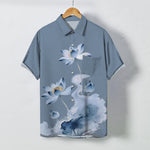 Buddha Stones Blue Lotus Ink Pattern Buttons Wrinkle-resistant Men's Short Sleeve Shirt