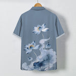 Buddha Stones Blue Lotus Ink Pattern Buttons Wrinkle-resistant Men's Short Sleeve Shirt