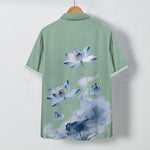 Buddha Stones Blue Lotus Ink Pattern Buttons Wrinkle-resistant Men's Short Sleeve Shirt