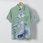 Buddha Stones Blue Lotus Ink Pattern Buttons Wrinkle-resistant Men's Short Sleeve Shirt