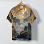 Buddha Stones Misty Mountain Moon Cloud Pattern Buttons Wrinkle-resistant Men's Short Sleeve Shirt