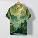 Buddha Stones Misty Mountain Moon Cloud Pattern Buttons Wrinkle-resistant Men's Short Sleeve Shirt