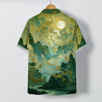 Buddha Stones Misty Mountain Moon Cloud Pattern Buttons Wrinkle-resistant Men's Short Sleeve Shirt