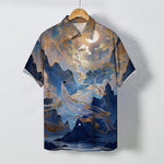 Buddha Stones Misty Mountain Moon Cloud Pattern Buttons Wrinkle-resistant Men's Short Sleeve Shirt