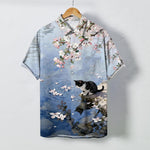Buddha Stones Cherry Blossom Cat Waterside Pattern Buttons Wrinkle-resistant Men's Short Sleeve Shirt