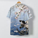 Buddha Stones Cherry Blossom Cat Waterside Pattern Buttons Wrinkle-resistant Men's Short Sleeve Shirt