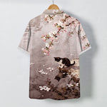 Buddha Stones Cherry Blossom Cat Waterside Pattern Buttons Wrinkle-resistant Men's Short Sleeve Shirt