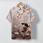 Buddha Stones Cherry Blossom Cat Waterside Pattern Buttons Wrinkle-resistant Men's Short Sleeve Shirt