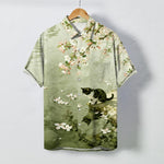 Buddha Stones Cherry Blossom Cat Waterside Pattern Buttons Wrinkle-resistant Men's Short Sleeve Shirt