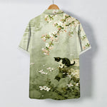 Buddha Stones Cherry Blossom Cat Waterside Pattern Buttons Wrinkle-resistant Men's Short Sleeve Shirt