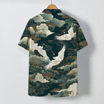 Buddha Stones Red-crowned Crane Golden White Clouds Wave Pattern Buttons Breathable Men's Short Sleeve Shirt