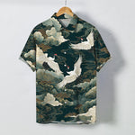 Buddha Stones Red-crowned Crane Golden White Clouds Wave Pattern Buttons Breathable Men's Short Sleeve Shirt