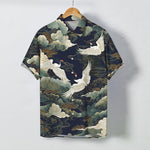Buddha Stones Red-crowned Crane Golden White Clouds Wave Pattern Buttons Breathable Men's Short Sleeve Shirt