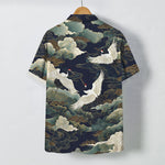 Buddha Stones Red-crowned Crane Golden White Clouds Wave Pattern Buttons Breathable Men's Short Sleeve Shirt